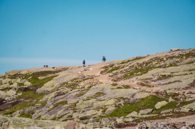 26 Temmuz 2019. Trolltunga üzerinde Norveç turistik rota. İnsanlar turistler thetrolltunga ince güneşli havalarda Norveç dağlarında yürüyüş gidin. Yürüyüş sırt çantası teması