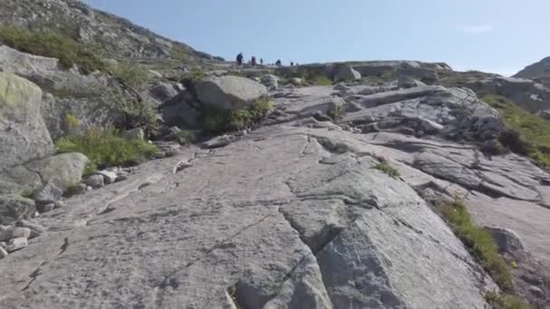 26. července 2019. Norská turistická trasa na trolltungu. Turisté v Norsku jezdí po pěkném slunném počasí do thetrolltungy. Téma turistické batohu — Stock video