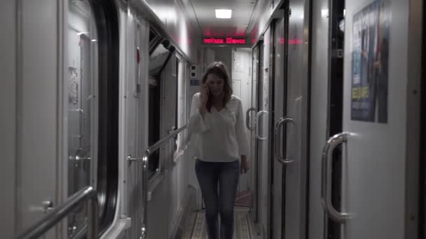 地上輸送と旅行をテーマに。車内で列車の出発を待っている駅で美しい若い白人女性。携帯電話技術を使用 — ストック動画