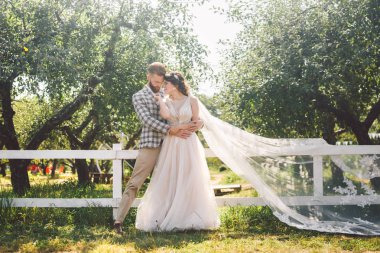 Aşık beyaz çift gelin ve damat parkta ahşap beyaz, kırsal çit yanında kucaklama ayakta bir elma bahçesi. tema uzun peçe ile düğün portre ve güzel düğün beyaz elbise