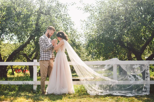 Casal caucasiano em noiva de amor e noivo de pé em abraço perto de madeira branca, cerca rural no parque um pomar de maçã. tema é retrato de casamento e vestido branco de casamento bonito com véu longo — Fotografia de Stock