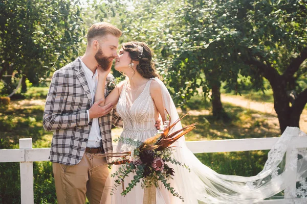 Aşık beyaz çift gelin ve damat parkta ahşap beyaz, kırsal çit yanında kucaklama ayakta bir elma bahçesi. tema uzun peçe ile düğün portre ve güzel düğün beyaz elbise