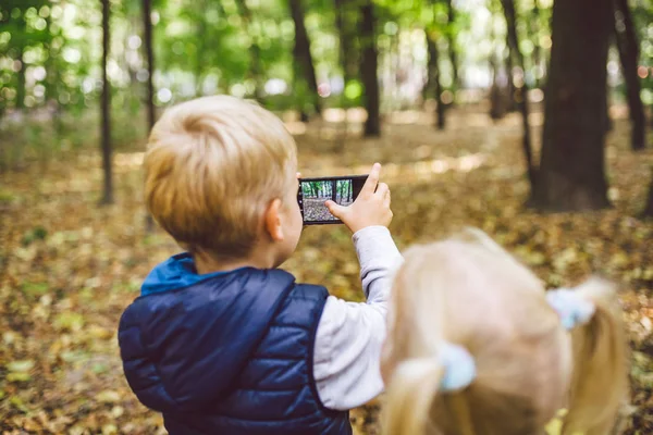 Çocuk okul öncesi Kafkas erkek ve kız kardeşi Forest Park sonbaharda cep telefonu kamerası birbirlerinin fotoğraflarını çekmek. çocuk için hobi ve aktif yaşam tarzı teması. Meslek fotoğrafçısı — Stok fotoğraf