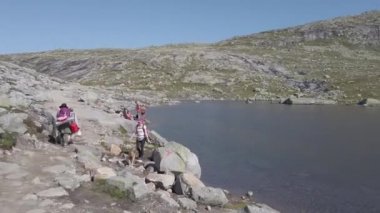 26 Temmuz 2019. Norveç. Köpekli yürüyüşçüler Trolltunga 'da. Norveç 'te köpek yürüyüşü. Yürüyüş, yürüyüş, evcil hayvan Norveç konseptiyle yaşam tarzı. Dağda köpekli yürüyüşçüler. Köpekli adam yolculukta