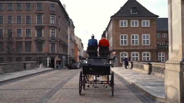 20 février 2019. Danemark. Copenhague. Contournement d'entraînement Adaptation d'un cheval dans l'écurie royale du château Christiansborg Slots. Homme cavalier en uniforme et casque et cheval de course à l'extérieur — Video