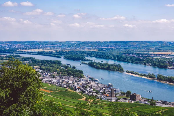 Panorama středního údolí řeky Rýna s krásnými vinicemi svažujícími se do vzdálené středověké vesnice Rudesheim, Německo. Unesco — Stock fotografie