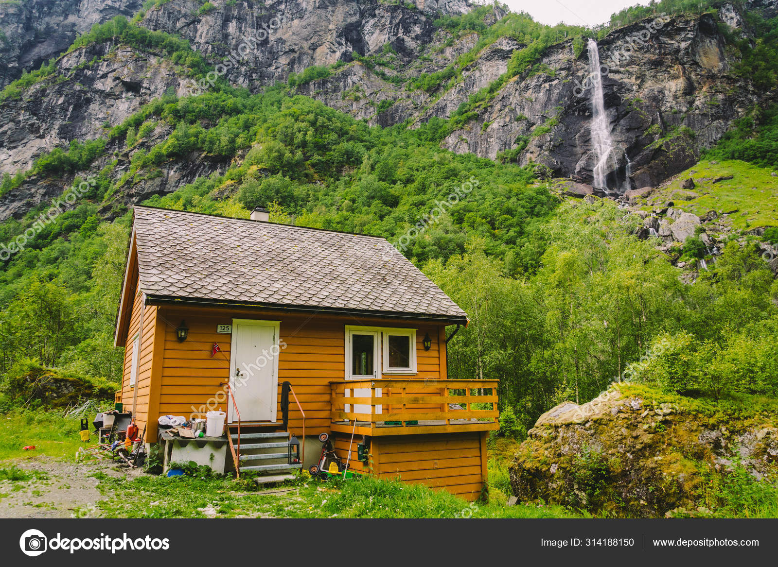 Log cabin hut Norway Norwegian Scandinavia Nordic waterfall