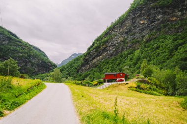 Norveç 'in Flam kasabasında kırmızı ahşap ev ve arabalar. Bahçedeki kır evi ve araba. Dağlardaki kır evleri.