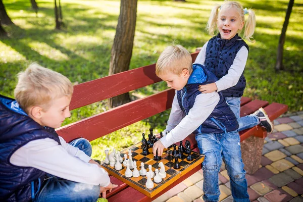 Irmãozinhos Jogando Xadrez Com Irmã Banco Parque Desenvolvimento Inteligência Infantil — Fotografia de Stock