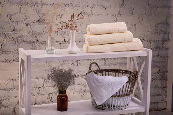 Rack Stack Three Beige Color Towels Baskets Clean White Towels — Stock Photo, Image