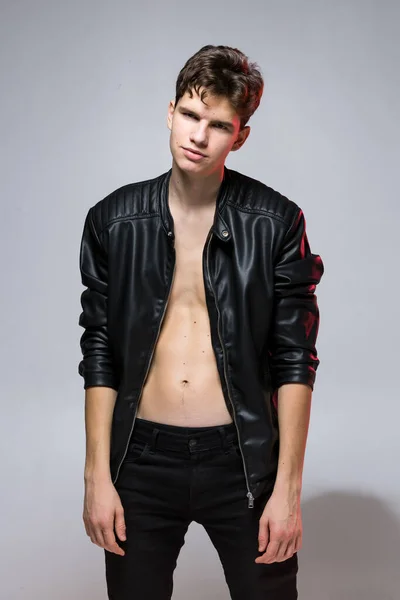 Handsome Caucasian Guy Model Naked Tors Lack Leather Jacket Posing — Stock Photo, Image