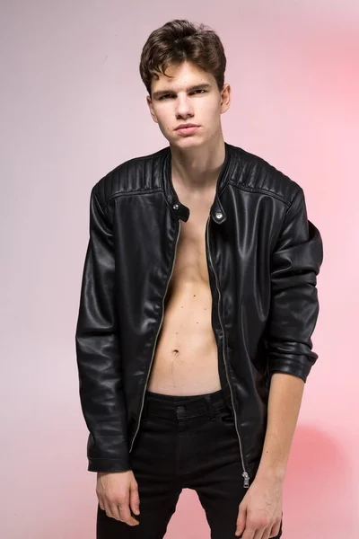 Handsome Serious Beauty Male Model Portrait Wear Leather Jacket Man — Stock Photo, Image