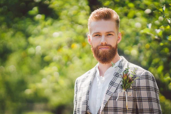 Handsome Bearded Man Vintage Clothing Portrait Stylish Groom Plaid Jacket — Stock Photo, Image