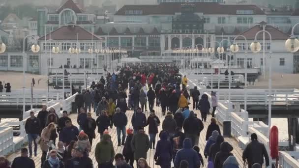 Sopot Pier Molo, 9 Şubat 2020 'de Polonya' nın Sopot şehrinde. Baltık Denizi 'nde bulunan Sopot' taki ünlü eski ahşap iskelede soğuk kış günü. İnsanlar Sopot 'ta Avrupa' nın en uzun tahta iskelesinde yürüyor. — Stok video