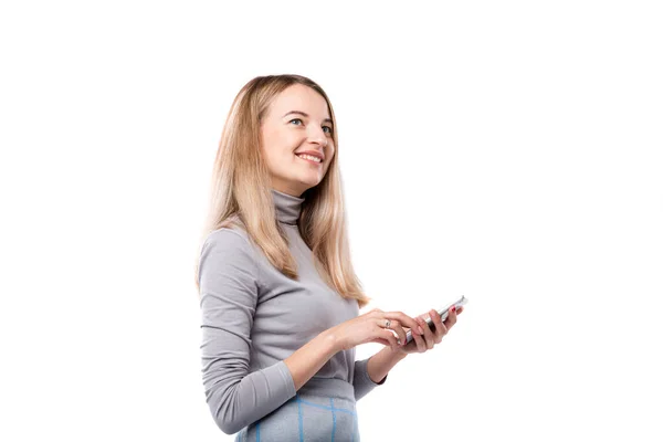 Lachende Vrouw Aan Het Praten Sms Aan Telefoon Geïsoleerd Een — Stockfoto