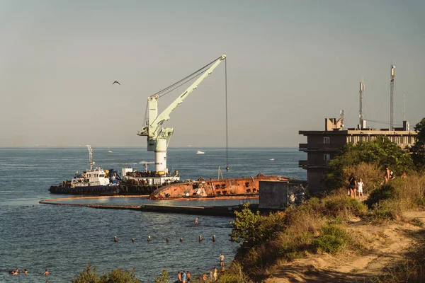 Das Wrack Des Tankers Delfi Strand Von Odessa Umweltkatastrophe Ölpest — Stockfoto