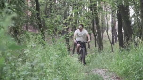 Ciclista masculino caucásico utiliza navegador GPS bicicleta para registrar la pista y seguir la ruta en el bosque. Ordenador de bicicletas con mapas fuera de línea para el turismo y los viajes en bicicleta de montaña. Gadgets en el ciclo deportivo — Vídeo de stock