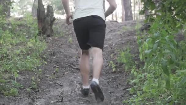 Atleta caucasico al rallentatore corre su una collina nella foresta al tramonto. Un corridore maschile è impegnato in cross country jogging su una strada di montagna terreno accidentato. Trail running per atleti principianti — Video Stock