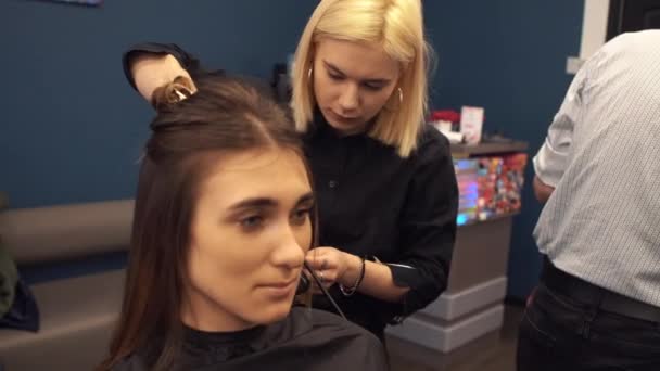 Belleza, concepto de peinado, mujer joven feliz y peluquería con plancha para el cabello haciendo peinado en la peluquería. Mujer teniendo peluquería estilizada. Suaviza el rizado del cabello. Estilista Usando Herramienta para Modelar — Vídeo de stock