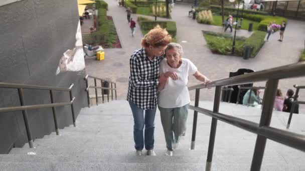 Домогосподарка допомагає жінці з обмеженими можливостями спускатися вниз по сходах. Медсестра допомагає старшій жінці ходити по сходах. Доглядач допомагає пенсіонерам виходити на сходи. Надання допомоги та підтримки літнім людям — стокове відео