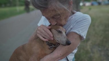 90 yaşında, kır saçlı ve kırışıklıkları olan son sınıf öğrencisi bir kadın dışarıda küçük bir köpekle birlikte bankta oturuyor. Yaşlı kadınlar parkta bir bankta evcil hayvanlara sarılır..