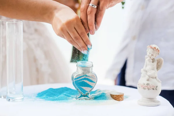 Bride Groom Pouring Colorful Different Colored Sands Crystal Vase Close — Stock Photo, Image