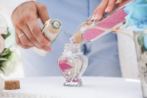 Bride Groom Pouring Colorful Different Colored Sands Crystal Vase Close — Stock Photo, Image