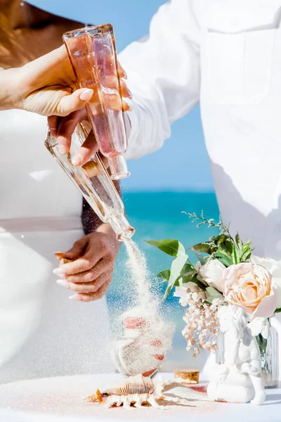 Bride Groom Pouring Colorful Different Colored Sands Crystal Vase Close Stock Photo