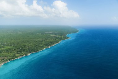Punta Cana manzarası, Bavaro, Saona, Cap Cana tropikal okyanus denizi ve Dominik Cumhuriyeti 'ndeki turist ve teknelerle Karayip kıyılarındaki palmiye ağaçları üzerindeki plaj insansız hava aracı görüntüsü.  