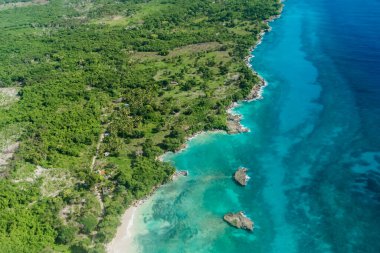 Punta Cana manzarası, Bavaro, Saona, Cap Cana tropikal okyanus denizi ve Dominik Cumhuriyeti 'ndeki turist ve teknelerle Karayip kıyılarındaki palmiye ağaçları üzerindeki plaj insansız hava aracı görüntüsü.  