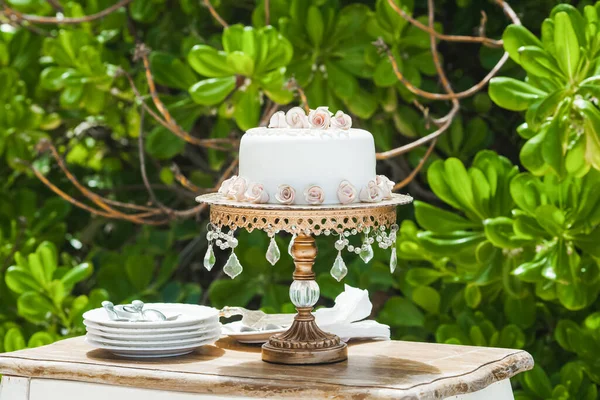 Pastel Boda Decorado Para Novia Novio Para Cortar Durante Destino —  Fotos de Stock