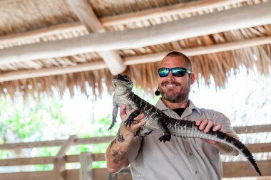 ABD, Florida, Everglades Timsah Parkı - Haziran 06: 2019. Timsah üreme tesisi personeli ulusal parkta timsah ve timsahları tanıtıyor. Eğitim doğası Florida gezisi 