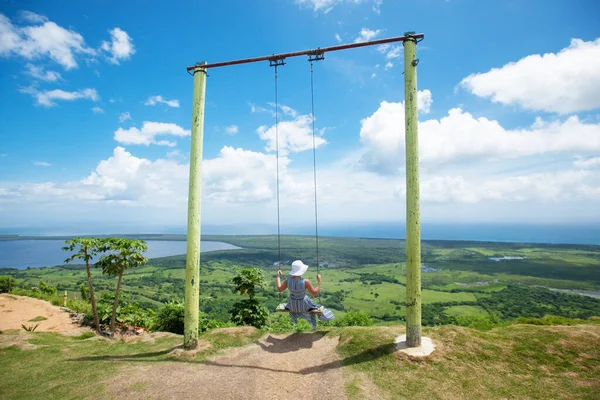 Woman Swinging Swings Green Mountains Ocean Sea Caribbean Tropical Landscape — Stock Photo, Image