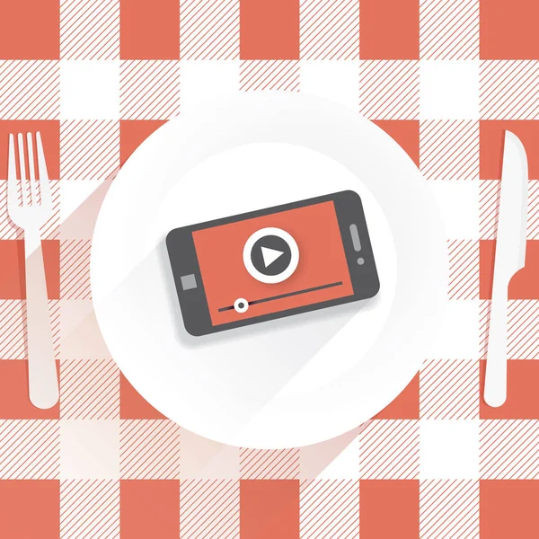 Bıçak Çatal Video Oynatıcı Ile Cep Telefonu Ile Plaka Restoran — Stok Vektör