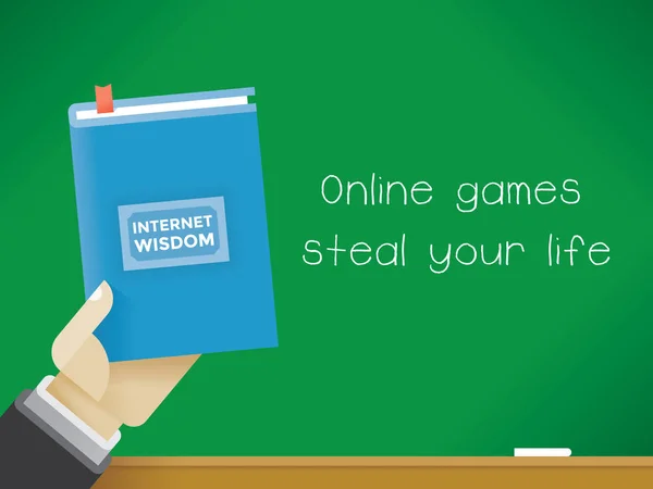 実業家あなたの人生を盗むオンライン ゲーム テキストと黒板の前にインターネットの知恵本を保持しています アイデア オンライン ビデオ ゲーム中毒の問題 — ストックベクタ