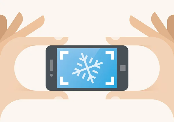 Children Photographer Hand Holding Mobile Phone Taking Photo Snowflake Winter — Stock Vector