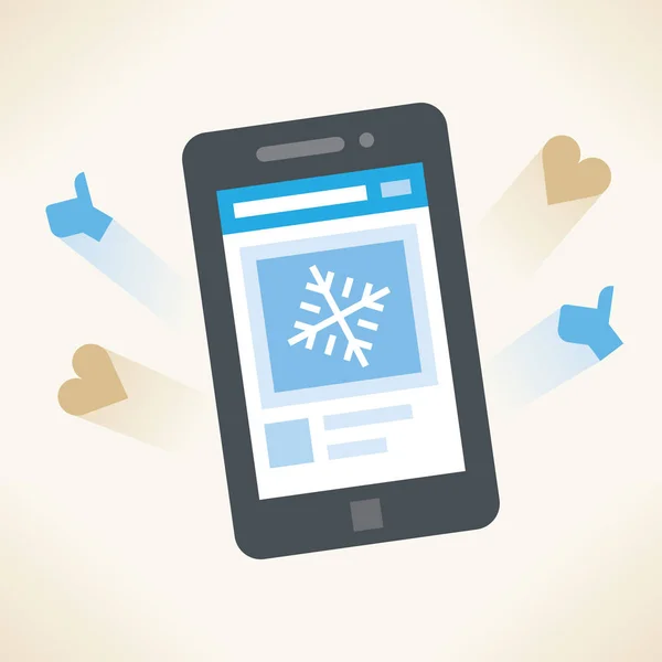 Telefone Celular Com Foto Floco Exibição Inverno Feedback Rede Social — Vetor de Stock