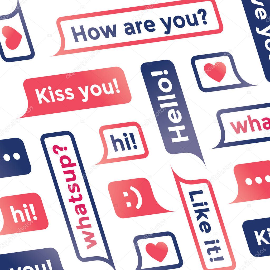 Various social networking chat messages: Hello, I love you, Heart, How are you?, smile :), WhatsUp?, Kiss you!, Like it! Concepts: media services (Facebook etc.), Internet relationships and friendship