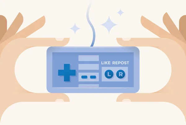 要旨インターネットユーザーやブロガーの手の中に いいね リポスト シェア ボタンを持つソーシャルネットワーキングヴィンテージのゲームパッド インターネット通信とメディアサービス Facebookの オンラインメッセージ — ストックベクタ