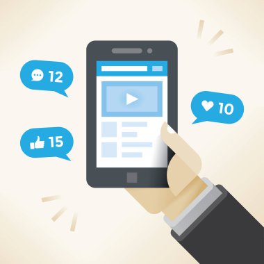 Video günlüğü (vlogger ellerde) cep telefonunda. Kavramları: Vlogging (kişisel video kayıtları), Web filmi canlı yayın ve televizyon, Let 's Play (LP, video oyunu terimi), podcast, modern trend iş