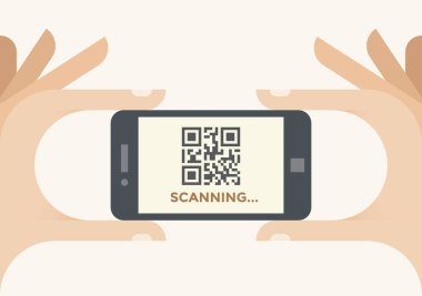 Mobil akıllı telefon insan eliyle QR barkodunu tarıyor. Konseptler: Çevrimiçi alışveriş, ürün bilgileri, web sitesi adresi yer belirleyici, uygulamalar, ödeme, tüketim, reklamcılık, sanal mağazalar