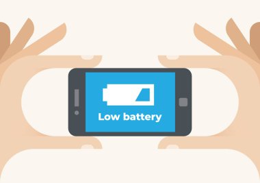 Cep telefonu ekranında düşük pil mesajı simgesi. Konseptler: şarj sembolü, kapasite, enerji, güç bankaları, lityum iyon pilleri limiti, boşalma, güç tüketimi, alternatif enerji kaynakları