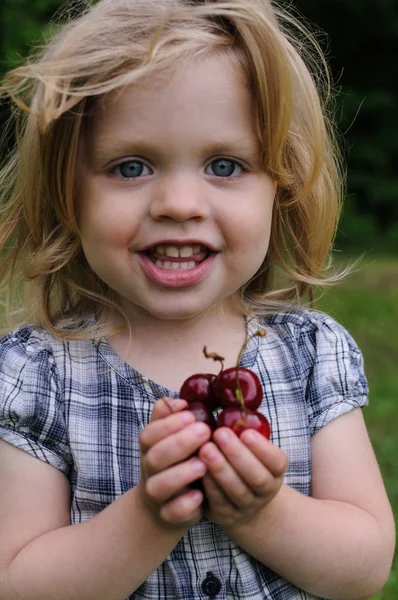 Little Girl Cherry Her Hands Forest — Stock Photo, Image