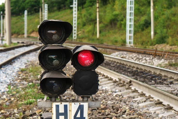 Järnvägen Trafikljus Vid Stationen — Stockfoto