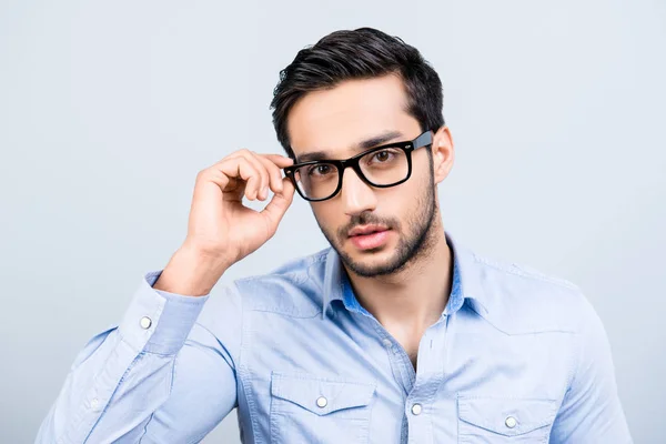 Head Shot Portrait Tempting Seductive Man Black Hair Glasses Holding — Stock Photo, Image