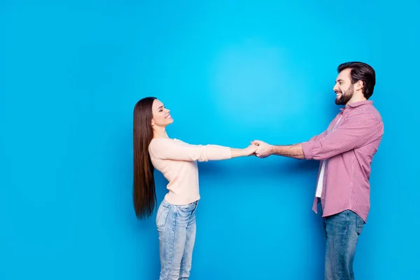 Profiel Kant Weergave Portret Van Vrolijke Vrolijke Partners Spijkerbroek Hand — Stockfoto