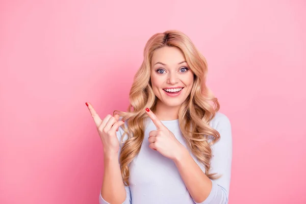 Portrait Charming Positive Girl Modern Hairdo Pointing Two Forefingers Copy — Stock Photo, Image