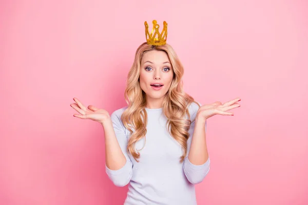 Portrait Carefree Funky Girl Gold Crown Her Head Gesturing Palms — Stock Photo, Image