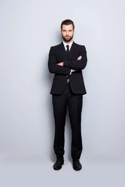 Full Size Fullbody Portrait Virile Harsh Business Person Black Suit — Stock Photo, Image