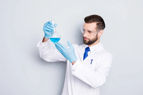 Portrait Concentrated Busy Scientist Stubble White Lab Coat Gloves Examine — Stock Photo, Image